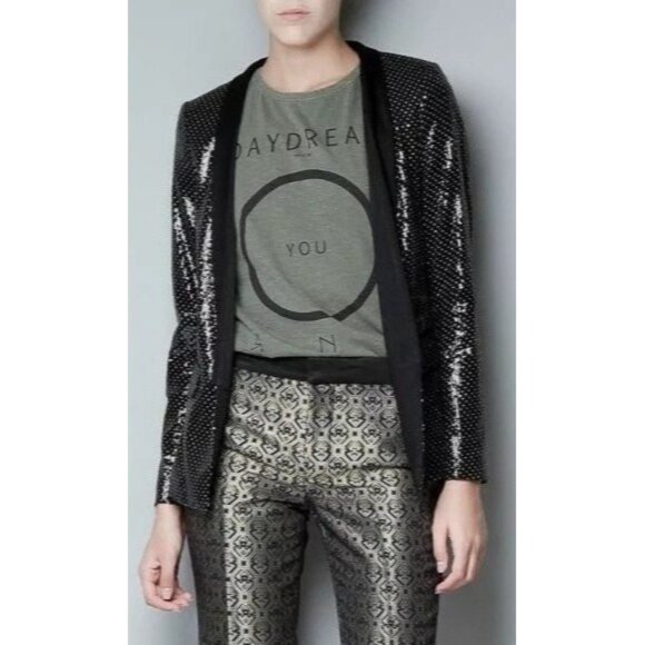 Zara Woman Size S Black Combined Polka Dot Sequin Tuxedo Collar Blazer Jacket - Picture 1 of 13
